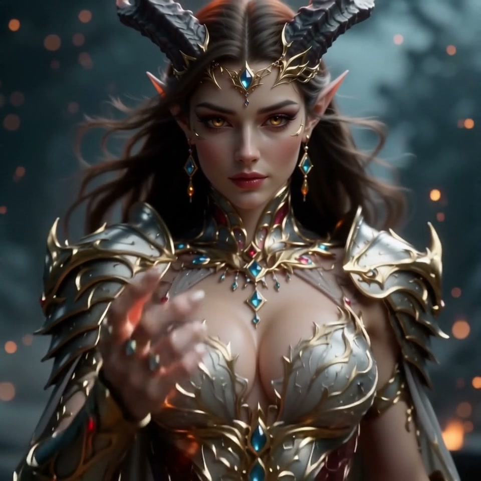 Fantasy female tiefling elf warrior with ram horns, golden gem-studded armor, reaching toward the...