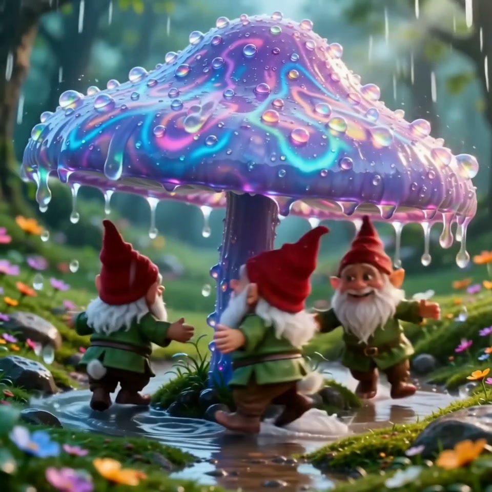 Three cheerful gnomes play under a glistening iridescent giant mushroom in a rainy enchanted wild...