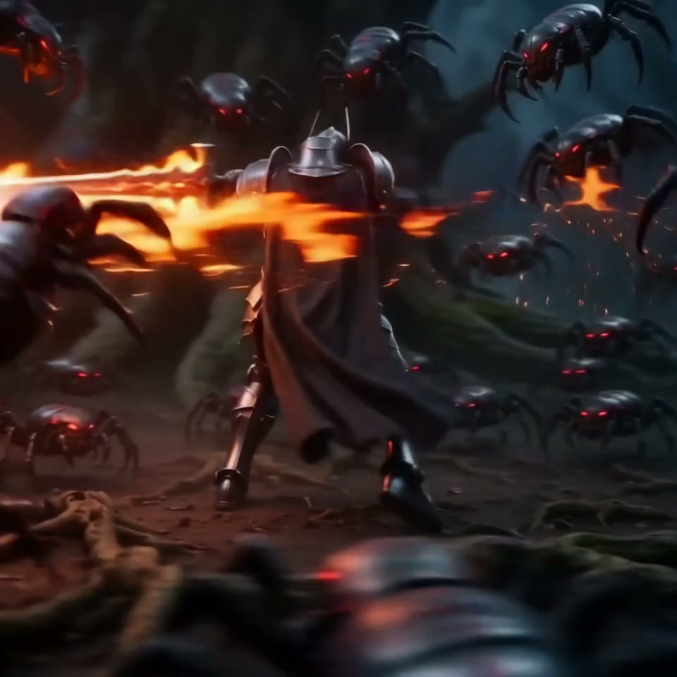 Back view of armored knight swinging flaming sword against swarming giant red-eyed spiders in dar...