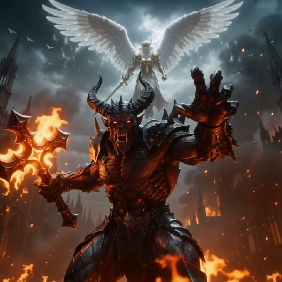 Menacing horned demon with flaming mace stands as armored winged angel hovers overhead above a bu...