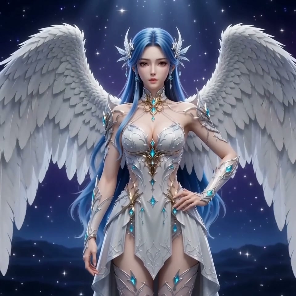 Regal fantasy angel woman with long blue hair, large white feathered wings, and ornate silver arm...