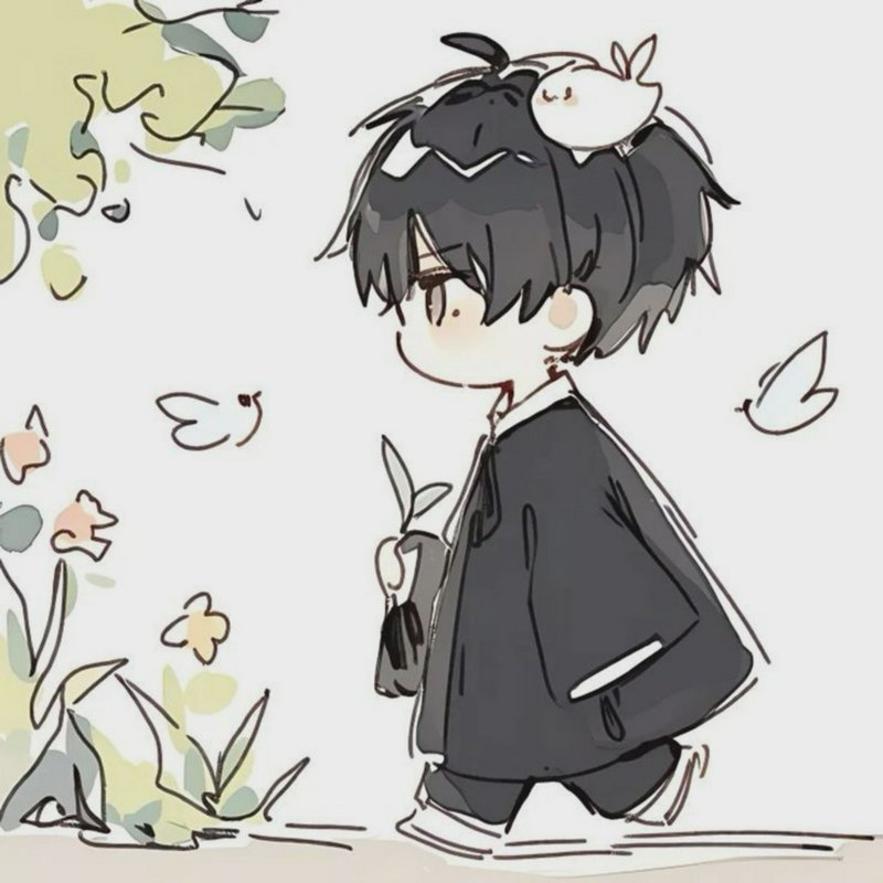 A cute chibi-style boy with dark hair and a large sweater, with a small white bird perched on his head.
