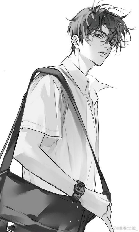 Black-and-white manga-style illustration of a stylish young man with a shoulder bag.