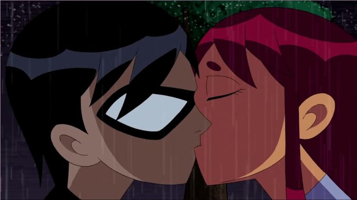 Animated couple kissing in the rain under a dark night sky.
