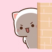Cute cartoon cat peeking from behind a brick wall on a pink background