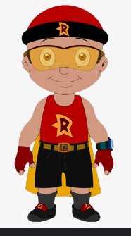 Cartoon superhero child in red and yellow costume with cape, mask, and gloves.