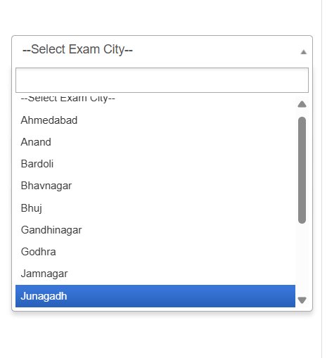 Dropdown menu showing Indian exam city options with Junagadh selected