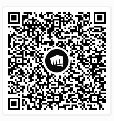 Black-and-white QR code with a circular center logo showing a raised fist.