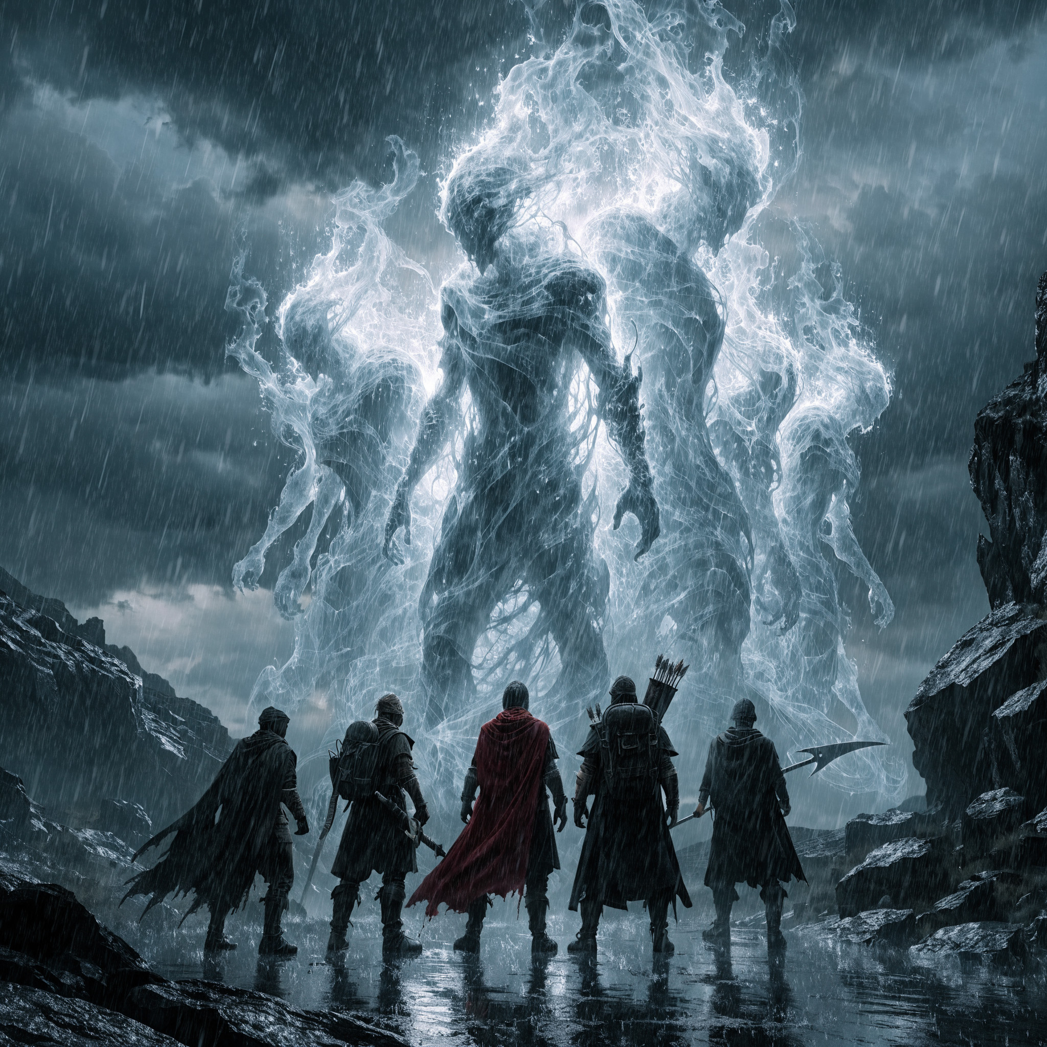 Group of armored adventurers face a colossal icy spirit in a stormy, rocky landscape.