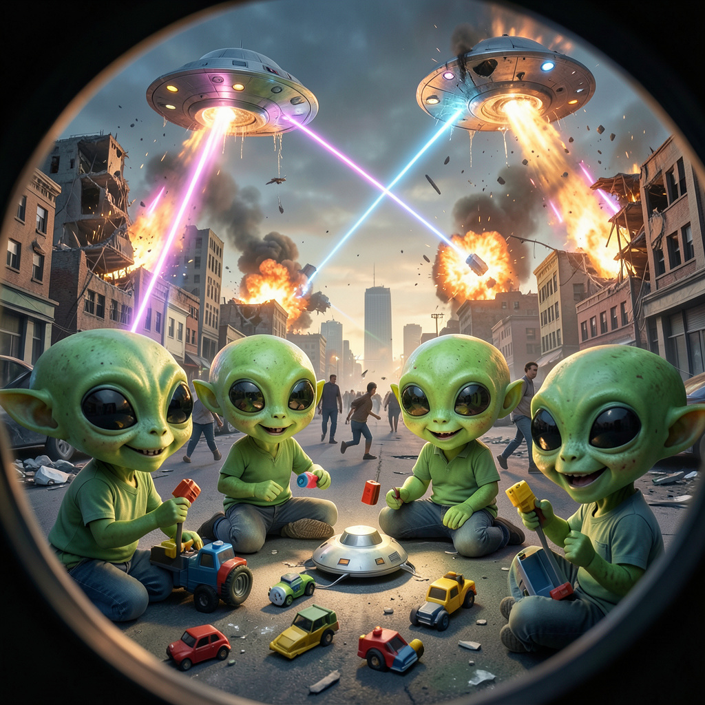 Four green alien children playing with toy cars on a city street as UFOs blast colorful lasers overhead.