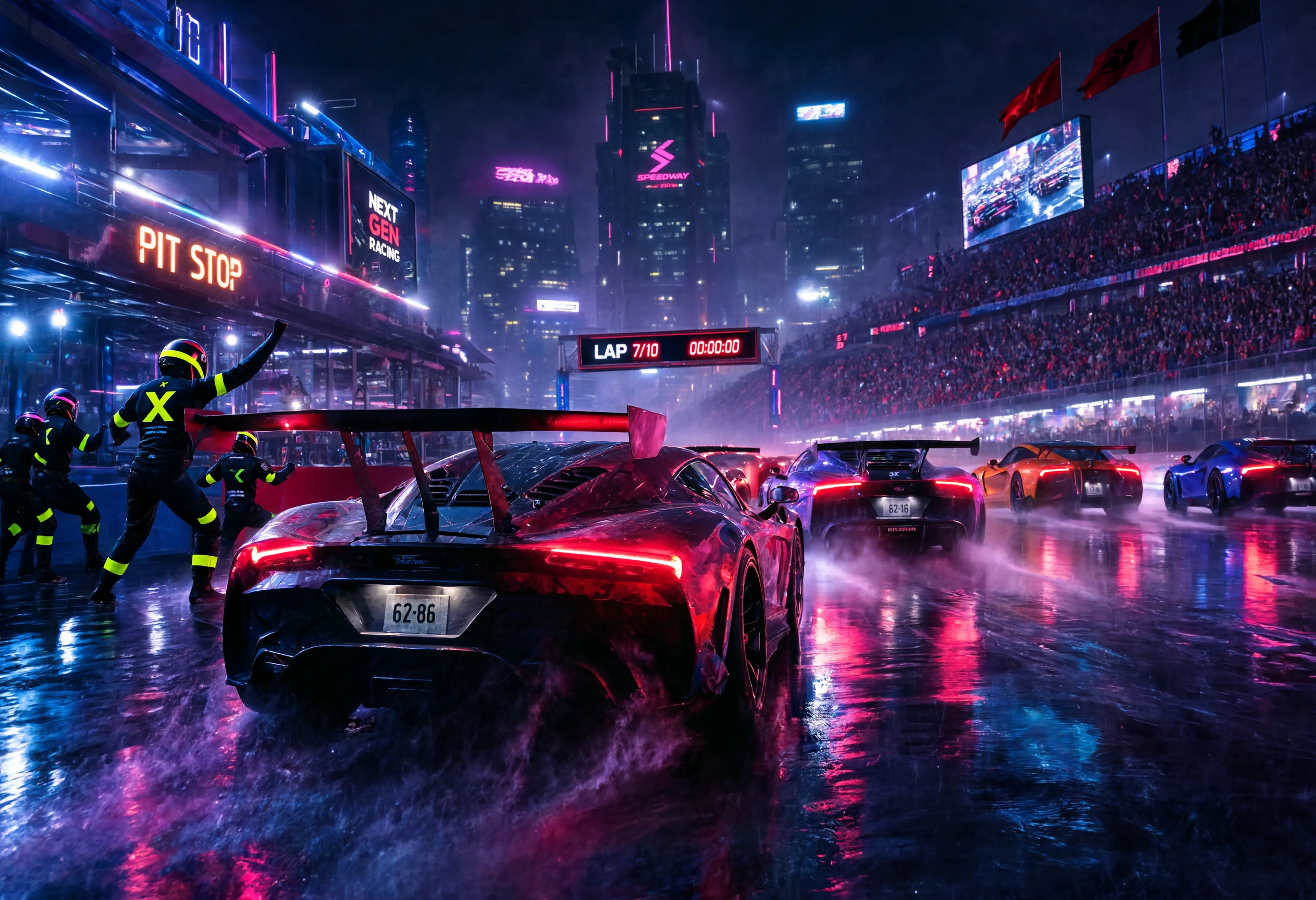 Nighttime neon-lit race scene with a red sports car at a wet pit stop.