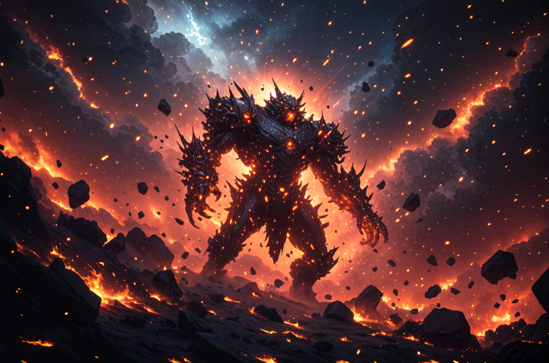 Majestic fiery demon titan standing amid lava and ash with glowing embers.