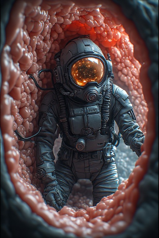 Astronaut in a spacesuit stands inside a fleshy pink tunnel with organic walls.