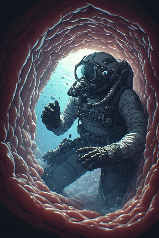 Astronaut in a deep-sea diving suit inside a pink tubular tunnel, reaching forward.