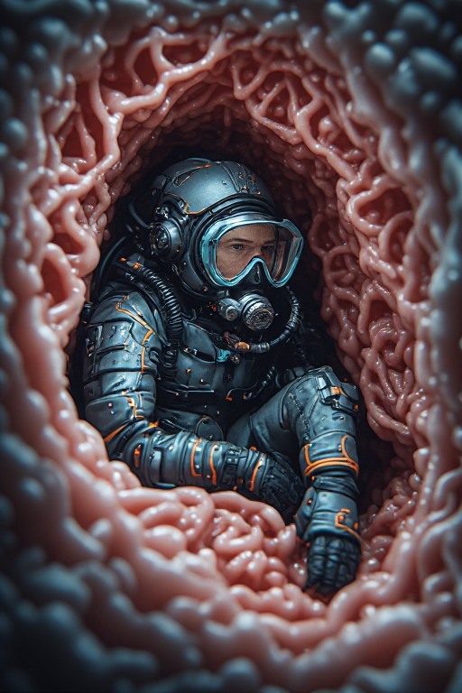 Sci-fi diver in a futuristic suit inside a pink organic tunnel or cave.