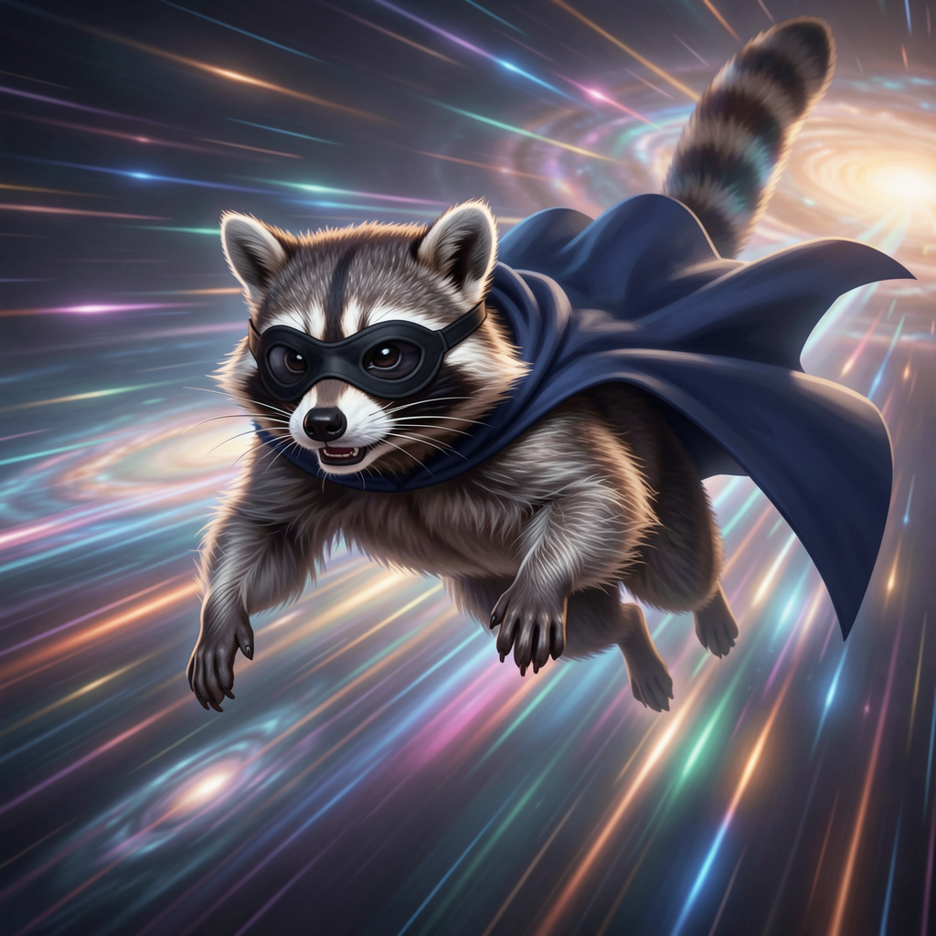 Cartoon raccoon wearing a cape and mask flying through a colorful warp space.