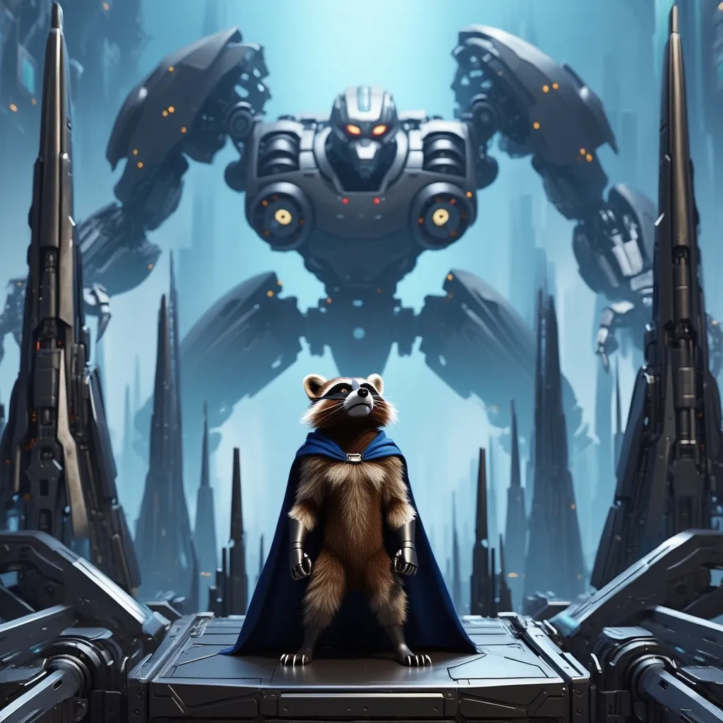 Racoon hero in blue cape stands on futuristic platform facing a giant mecha in a neon city.