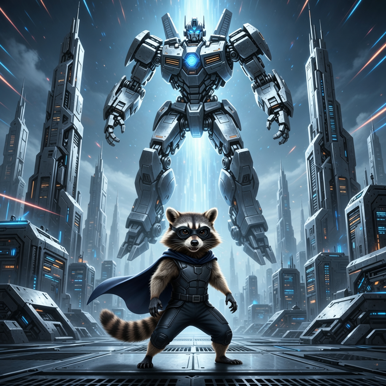 Raccoon superhero in a dark suit with cape stands before a futuristic city and a towering giant mech.