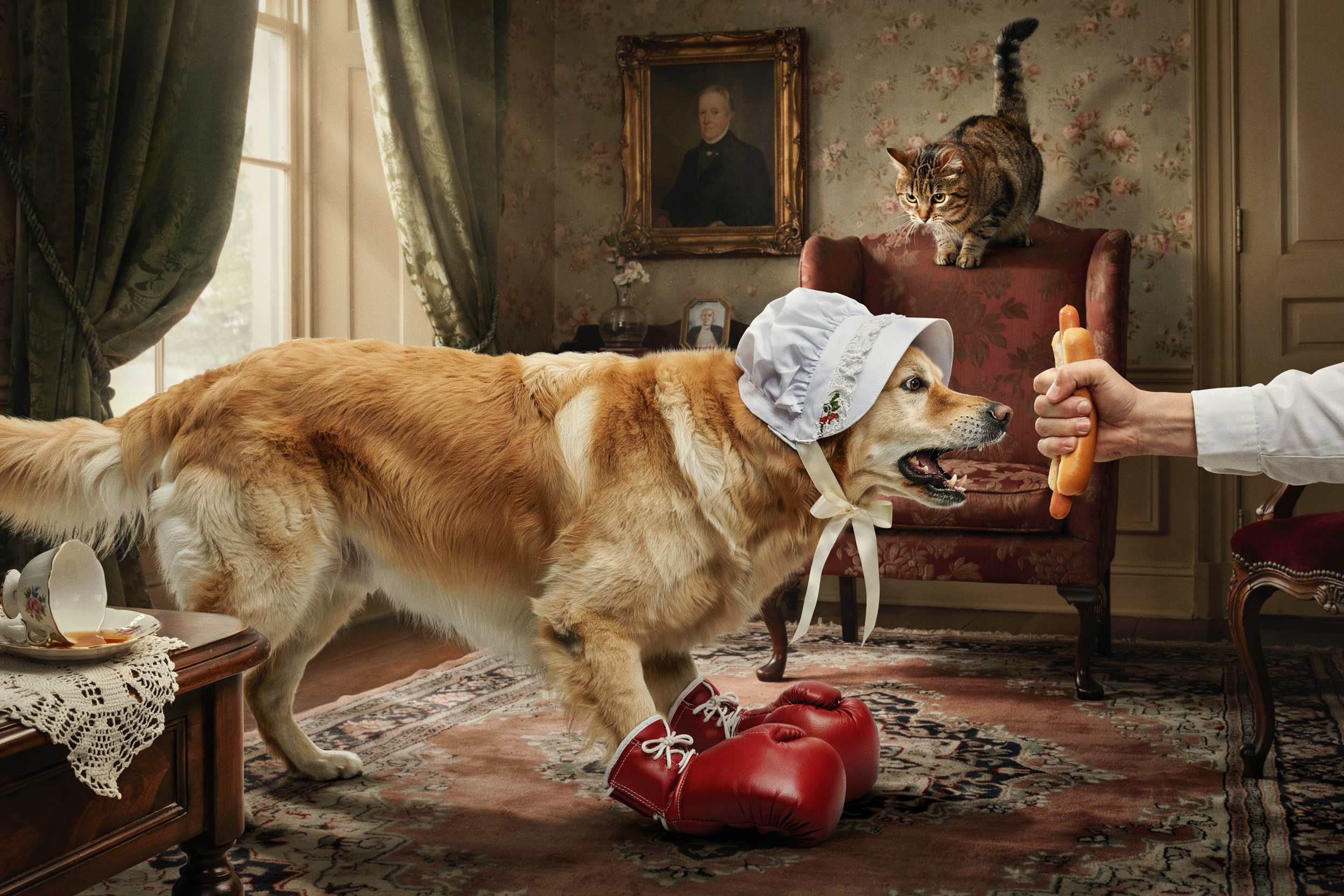Golden retriever wearing a bonnet and boxing gloves in a vintage living room, cat on a chair, hand offering a carrot.