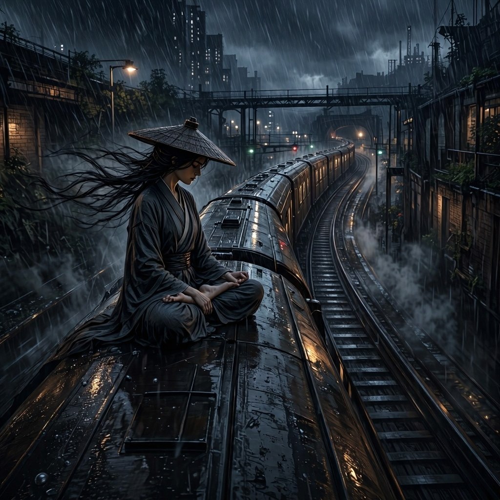 Woman in a kimono sits meditatively on a rain-soaked train at night in an urban storm.