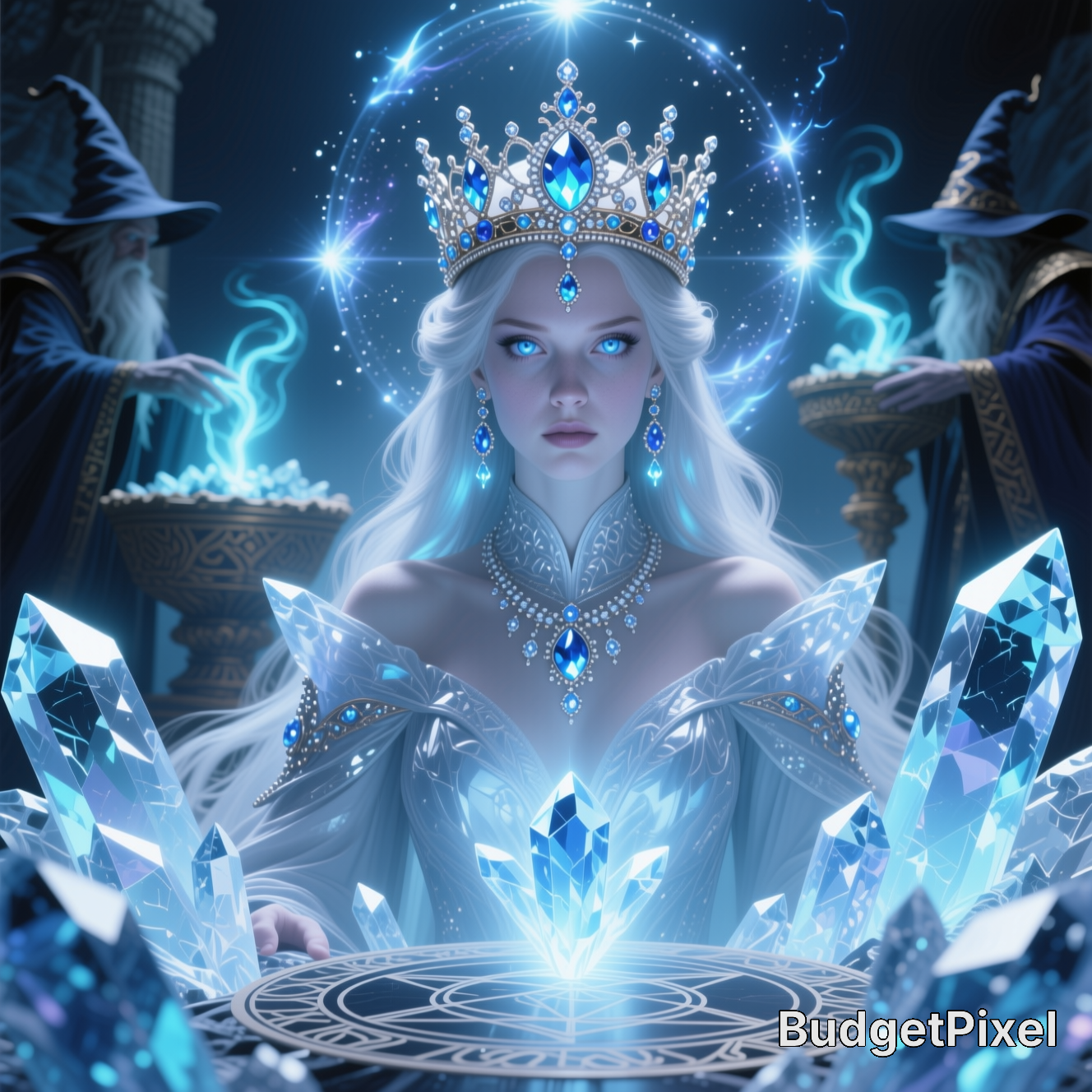 Fantasy ice queen wearing a jeweled crown among glowing blue crystals and magical light.