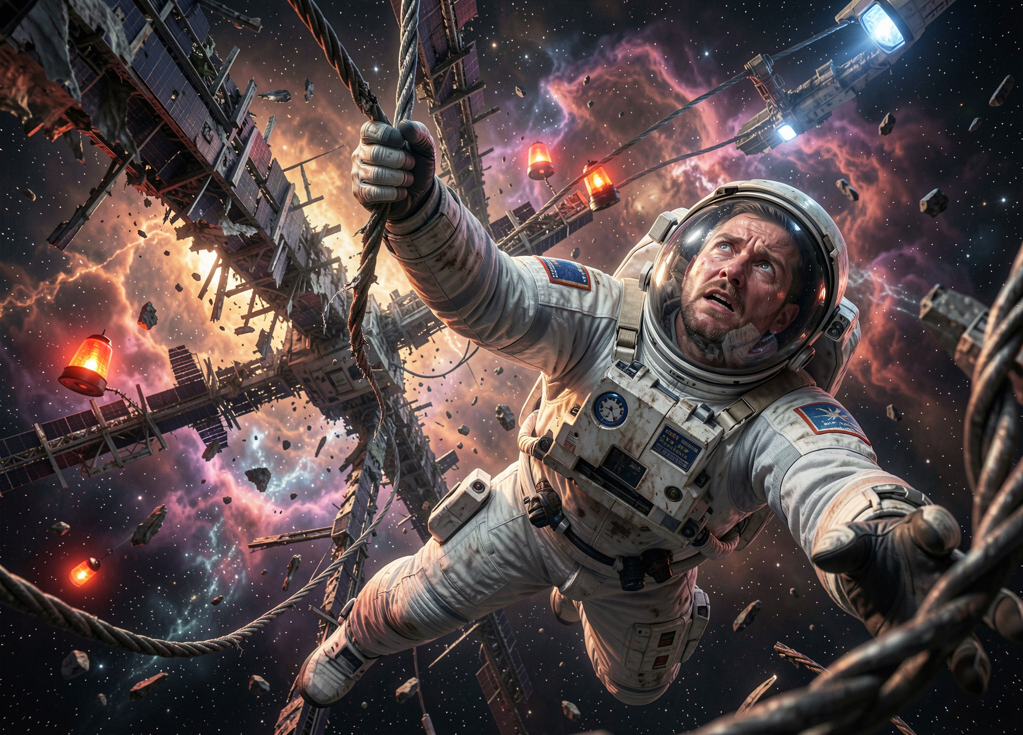 Distressed stranded astronaut clinging to ropes to escape a crumbling damaged space station, adrift in deep space with a g...