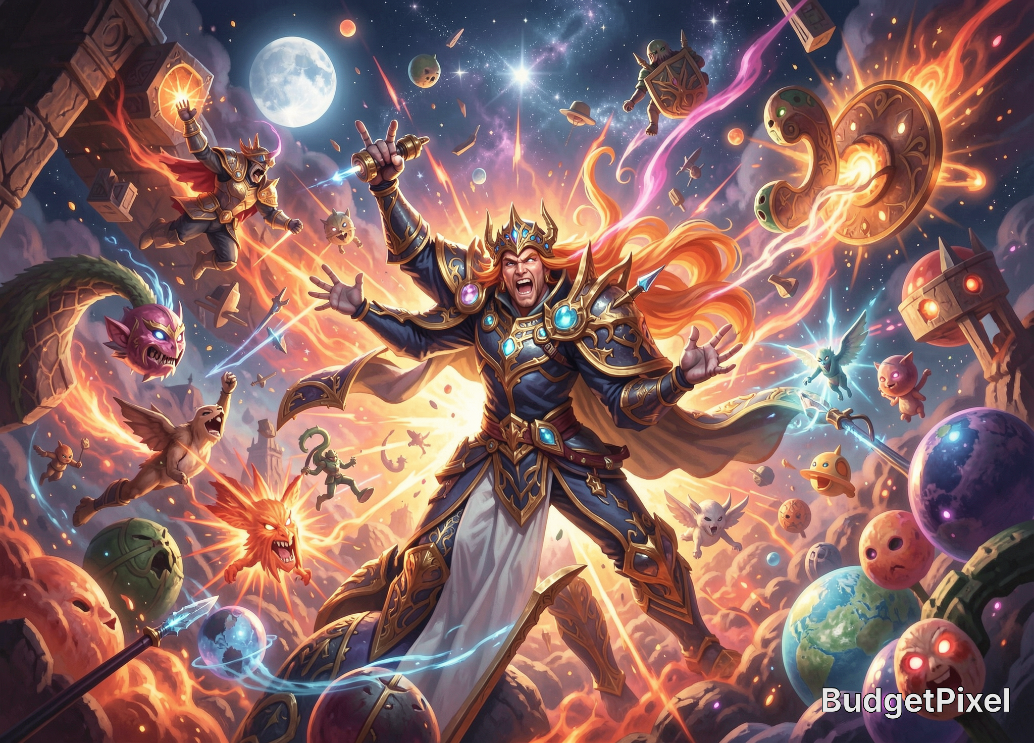 [Ornate armored fantasy king shouts amid a chaotic cosmic magical battle with floating monsters, spells, and planets under...