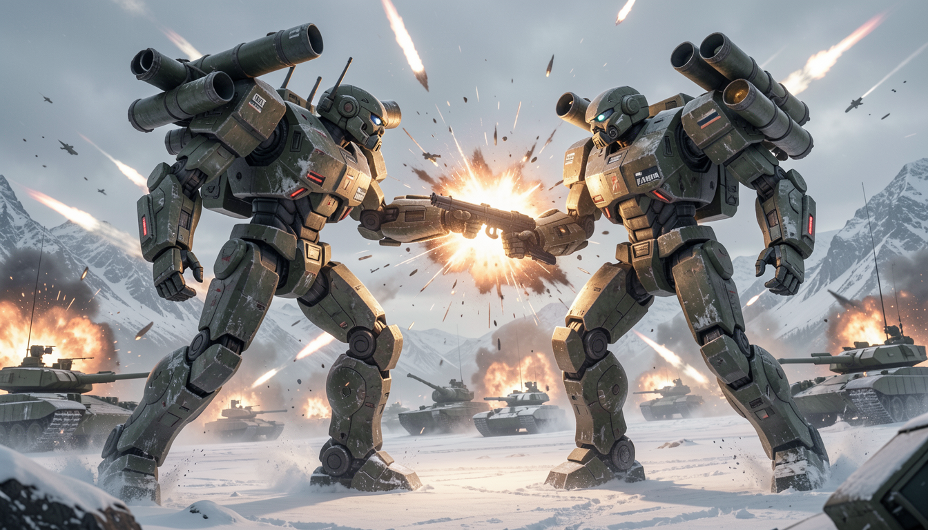 Two olive-green combat mechs clash mid-fight on a snowy arctic battlefield amid active tank warfare and exploding artillery.