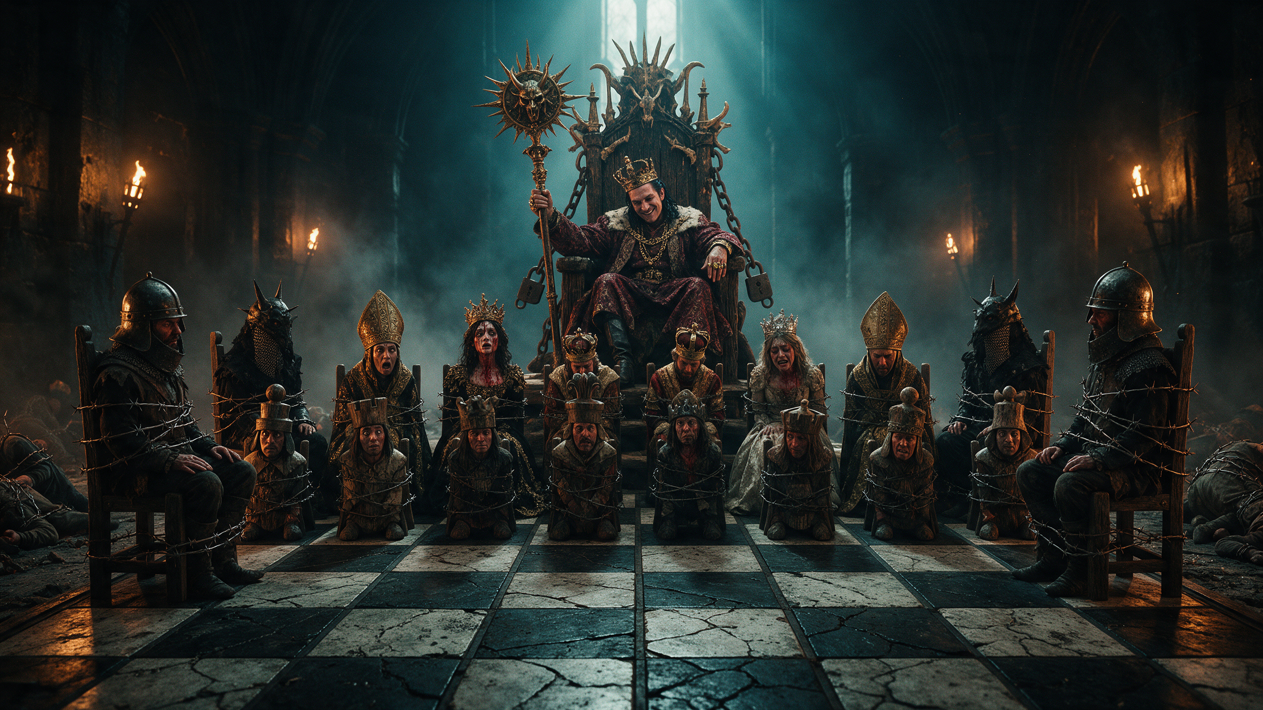 [Grinning tyrant king sits on spiked throne, captive bound court arranged as living chess pieces in a dark gothic throne r...