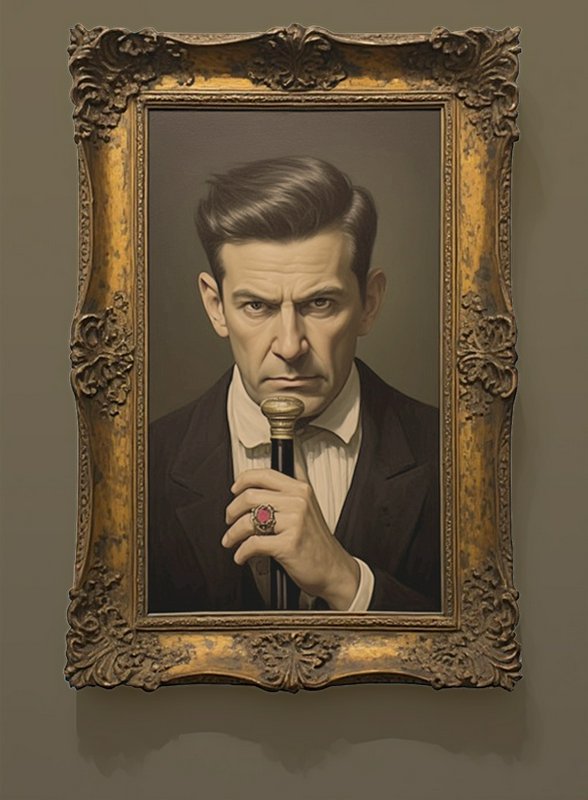 Portrait painting of a stern man in a suit holding a microphone, inside an ornate antique frame.