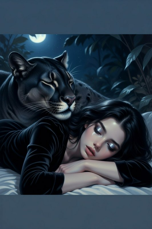 A woman sleeping peacefully as a large black panther lounges behind her under moonlight.