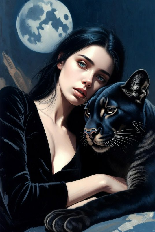 Digital painting of a woman with dark hair beside a black panther under a full moon.