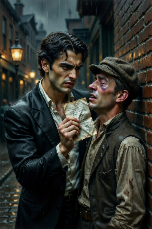 Two men in a rain-soaked alleyway; a sharp-dressed man holds a crumpled letter to a bruised, hat-wearing companion.