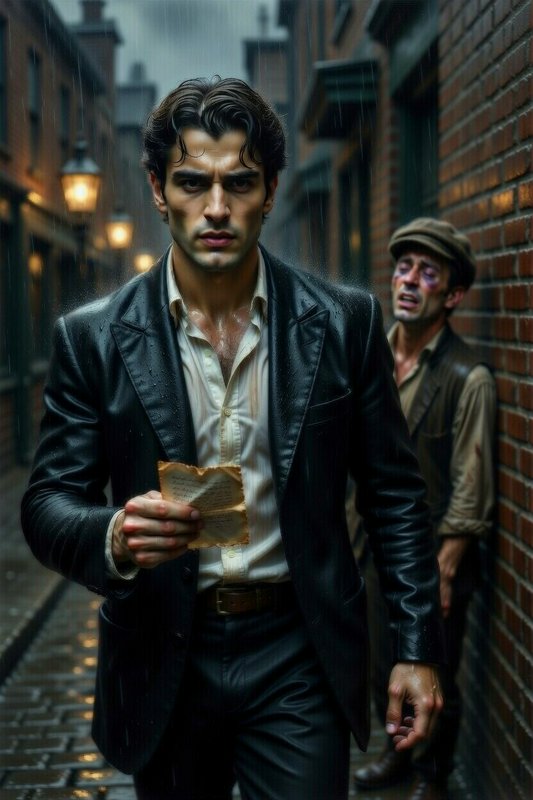 Stylish man in a black leather coat walks through a rainy brick alley, gripping a torn note with a wounded man in the