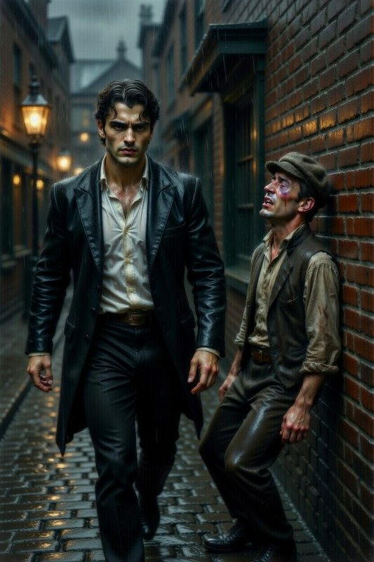 Two men in a wet alley: a tall man in a black leather coat beside a bruised, hat-wearing companion.