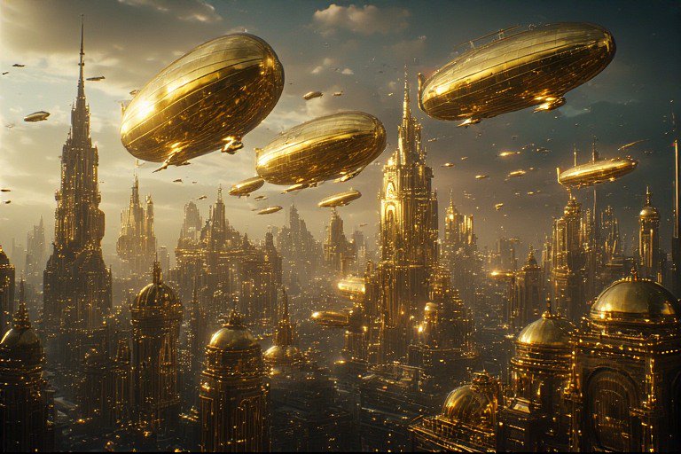 Golden airships hover over a futuristic city with towering spires and domed rooftops.