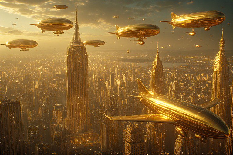 Golden airships hover over a shimmering city skyline at sunset.