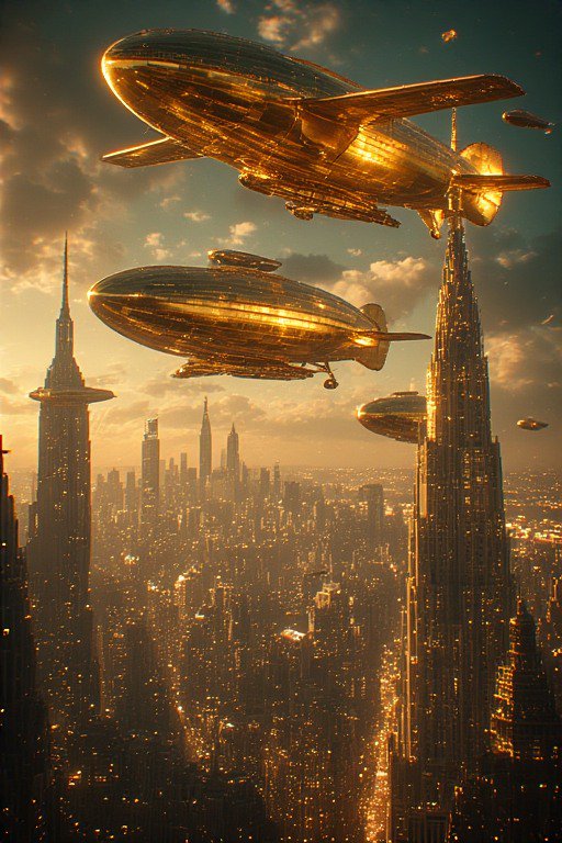 Golden airships/globes flying above the New York City skyline at sunset.