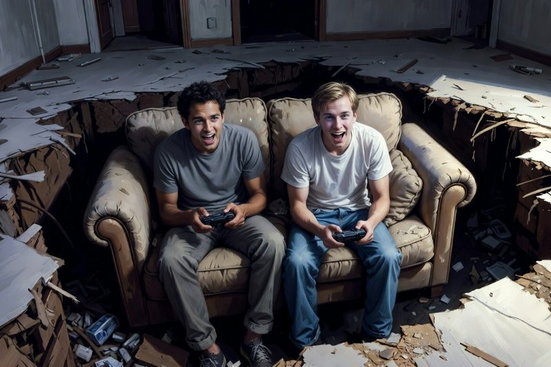 Two young men on a worn beige couch play video games amid a collapsed, debris-filled room.