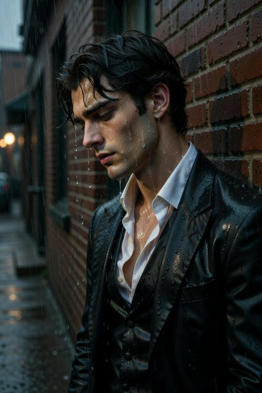 Man in a wet black suit leaning against a brick wall in the rain