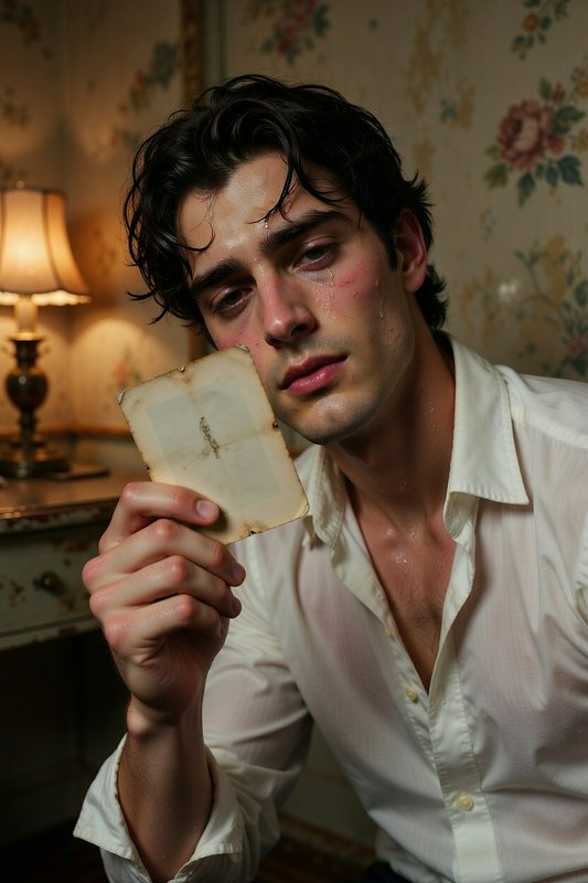 Young man in a white shirt holds a burnt-looking piece of paper in a softly lit vintage room.