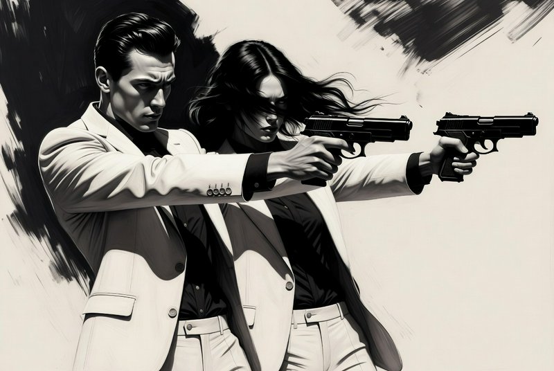 Two agents in white suits holding pistols, firing outward in a bold black-and-white illustration.