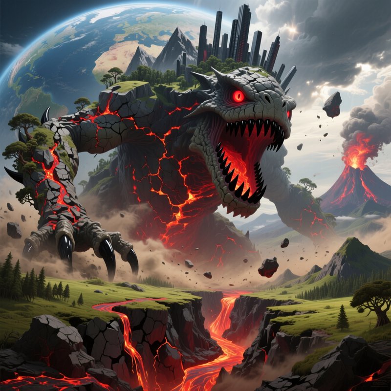 Giant lava-cracked dragon roaring over a fiery valley with glowing magma and distant city silhouettes.