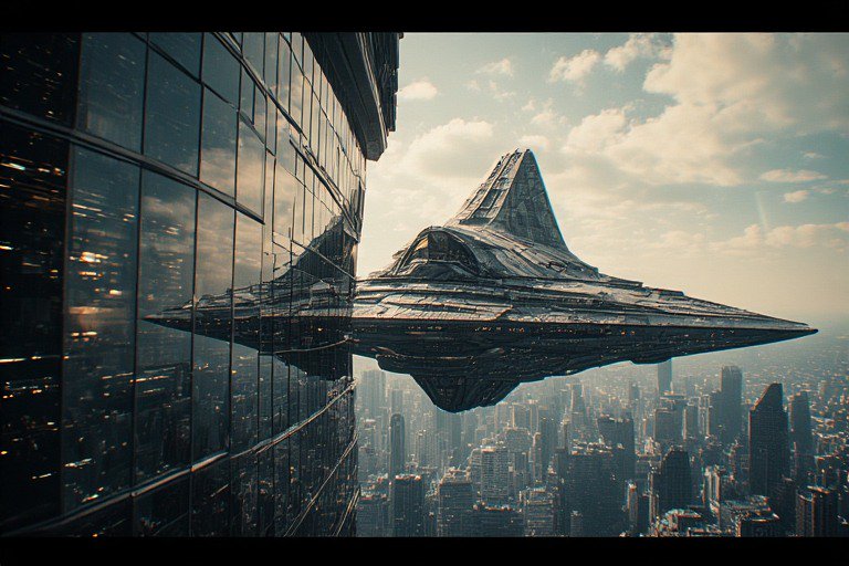 Futuristic starship hovering beside a glass skyscraper above a sprawling city skyline