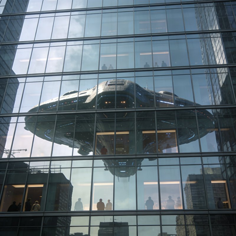 Reflection of a futuristic spaceship on the glass facade of a modern office building.