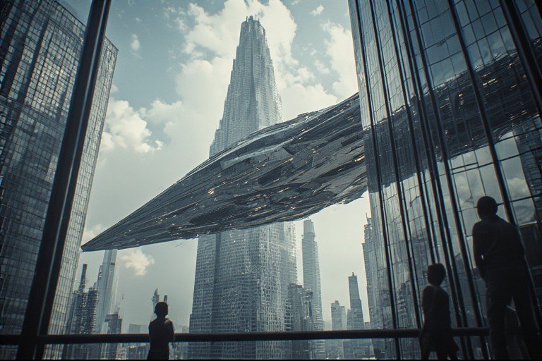 Futuristic cityscape with tall glass skyscrapers and a large curved bridge-like structure between buildings.