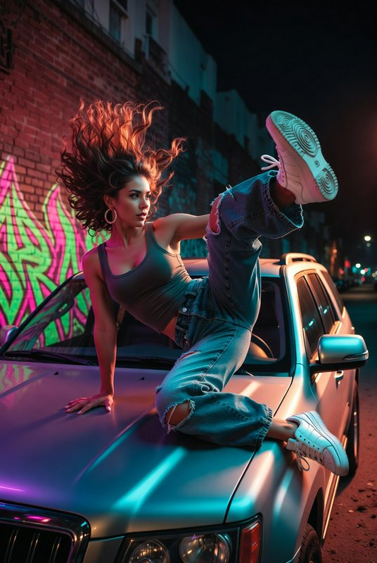 Dynamic urban nightlife photo of a woman in a cropped top and ripped jeans posing on a silver car hood with neon