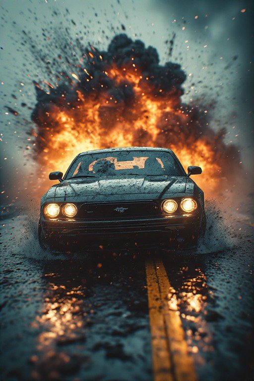 A black sports car speeding on a wet road with a fiery explosion behind.