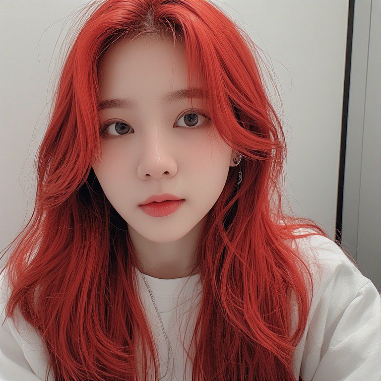 Close-up portrait of a woman with vibrant red hair and soft makeup.