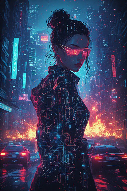 Cyberpunk woman in neon-lit city wearing glowing pink visor and circuitry-pattern coat